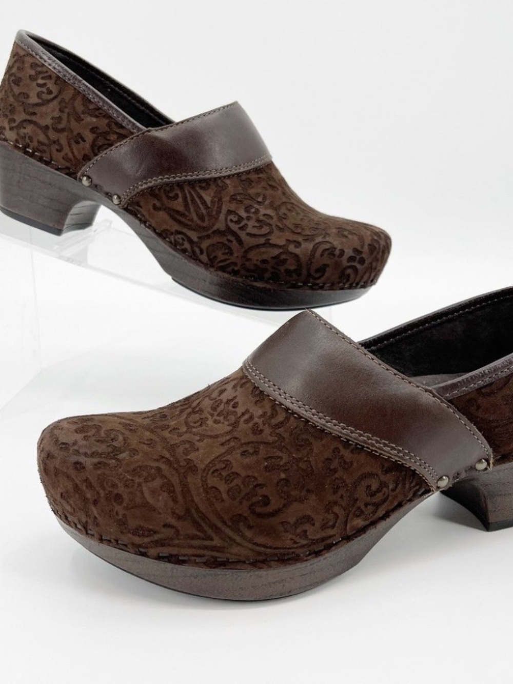 Dansko Prima Brown embossed suede leather clogs size 41EU